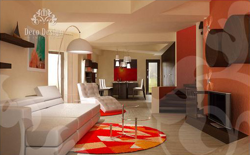# Amenajare casa moderna cu living open space in culori rosu si wenge